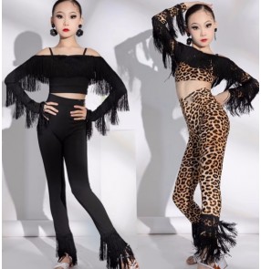 Girls kids black leopard fringe latin ballroom dance wear modern salsa rumba chacha dance costumes tops and pants